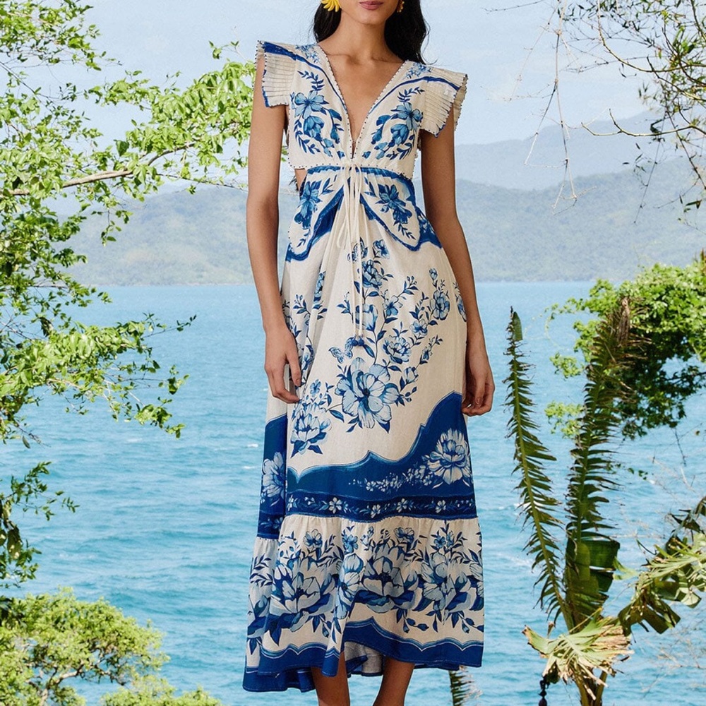 NWT FARM Rio Blue and Cream Floral BUTTERFLY Maxi Dress